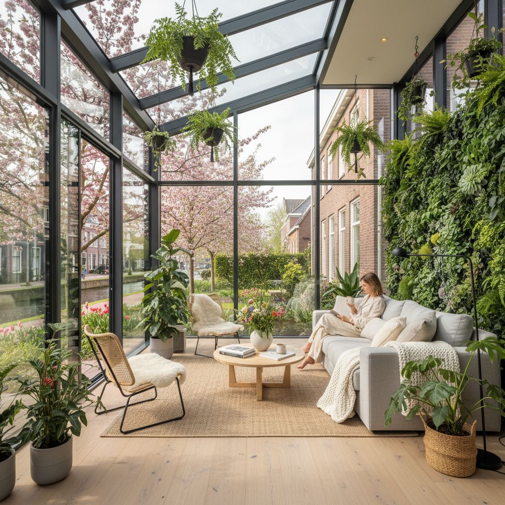 Glazen aanbouwen in beeld - Lichtgevuld interieur met planten