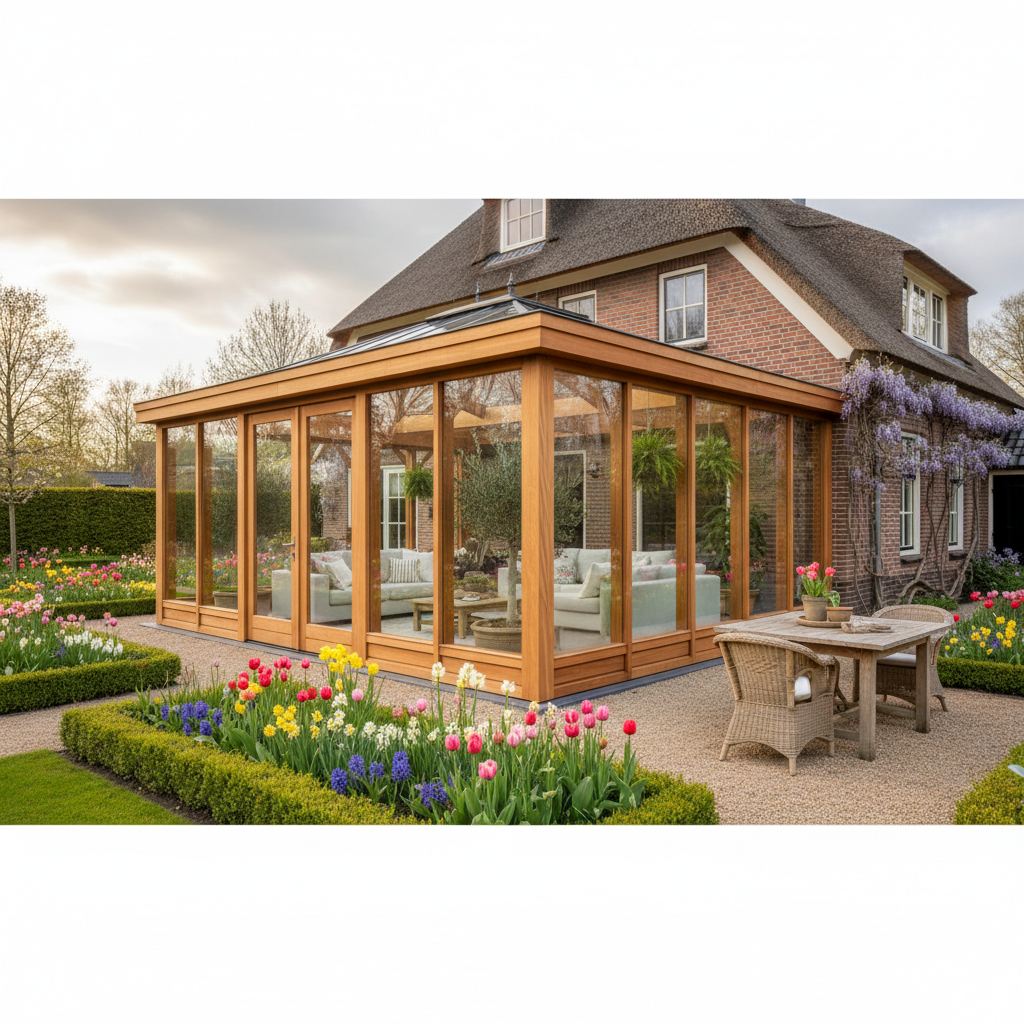 Houten serres in beeld - Klassieke houten serre aan woning