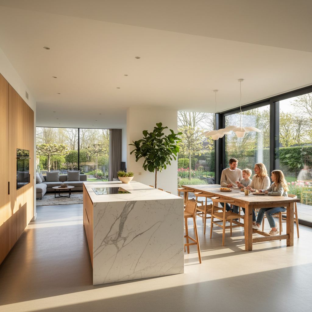 Keukenuitbouwen in beeld - Ruime leefkeuken met eiland