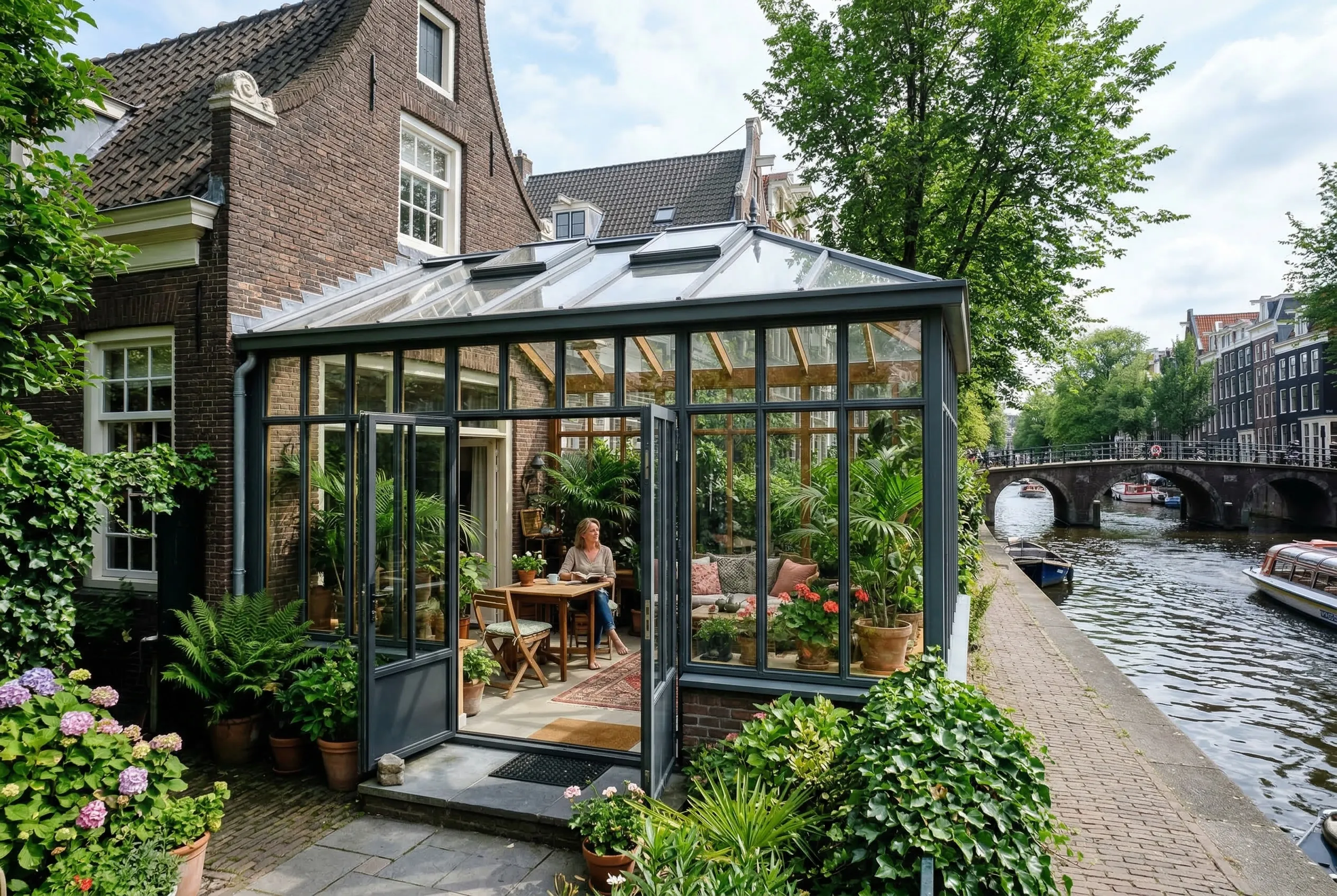 Serre aan gracht Amsterdam met planten en daglicht
