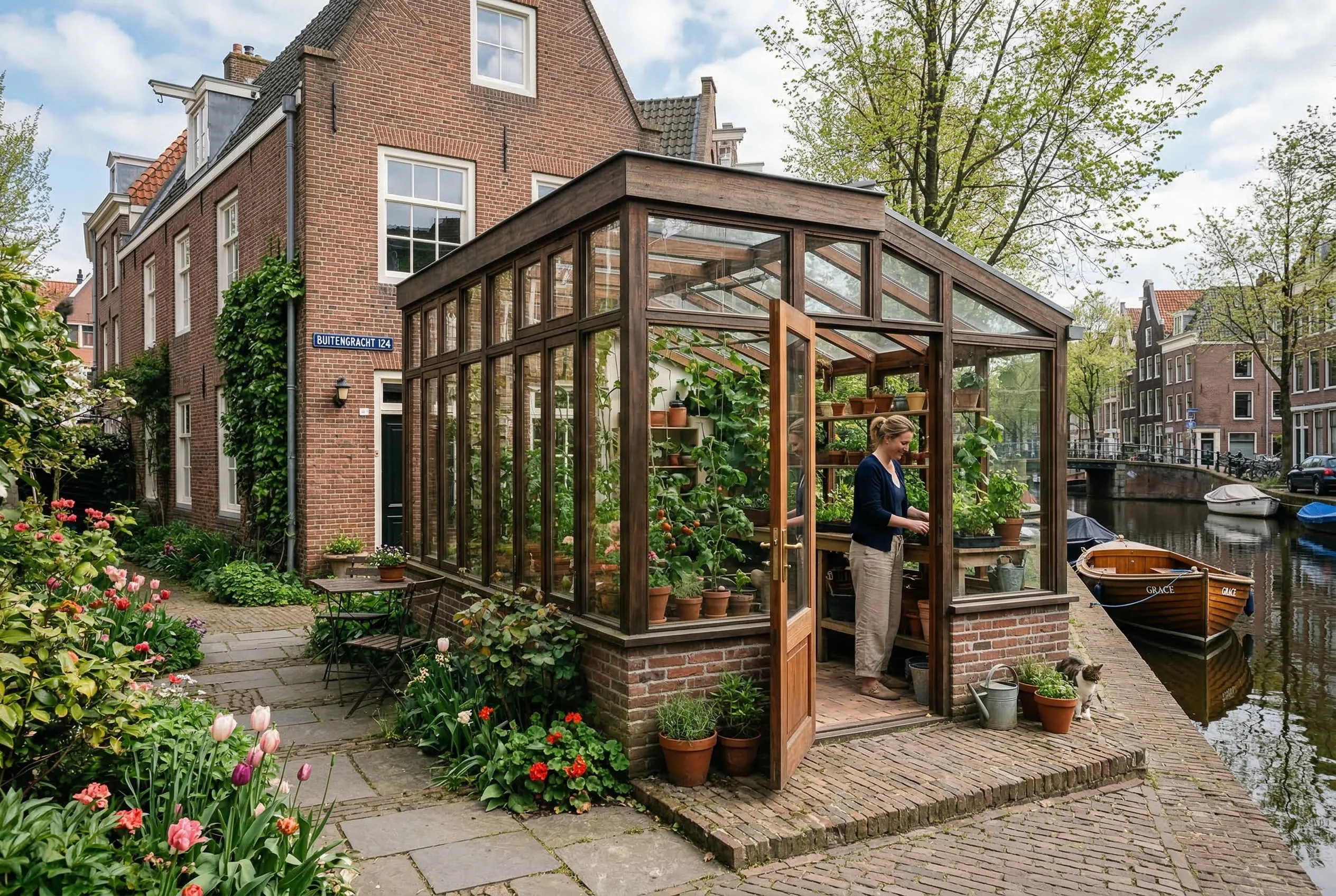 Houten serre aan gracht